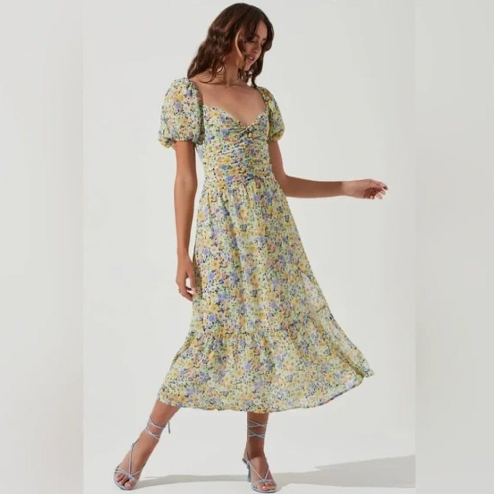 Astr the label IRMA YELLOW FLORAL PUFF SLEEVE MIDI DRESS